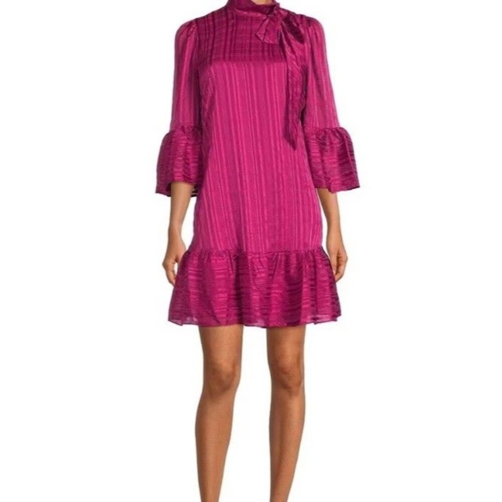 Calvin Klein Size 16 Mock Tie Bow Mock Neck Sheath Dress Pink